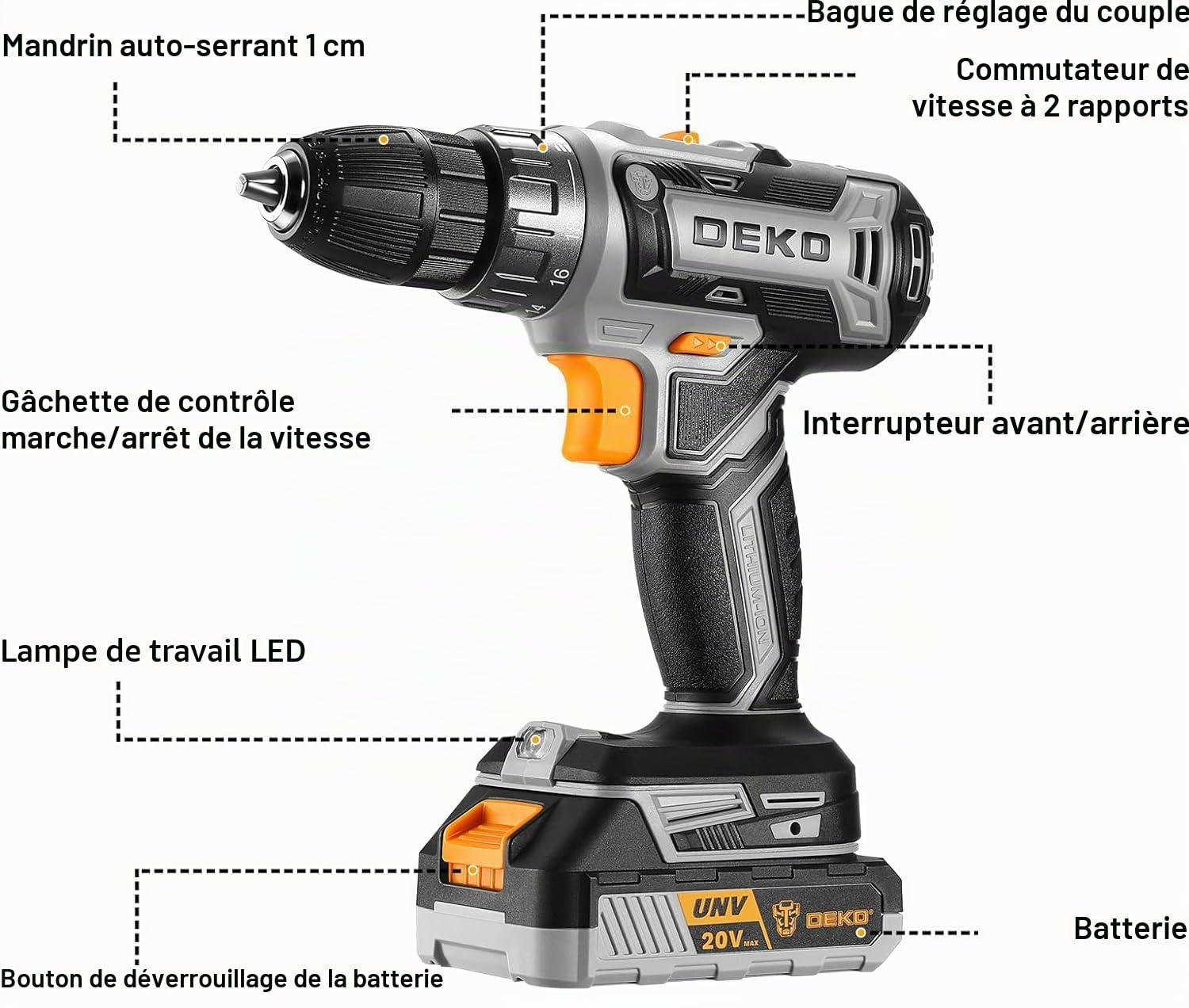 DEKOPRO POWER TOOLS Perceuse visseuse sans fil 20 V grise 1,5 Ah