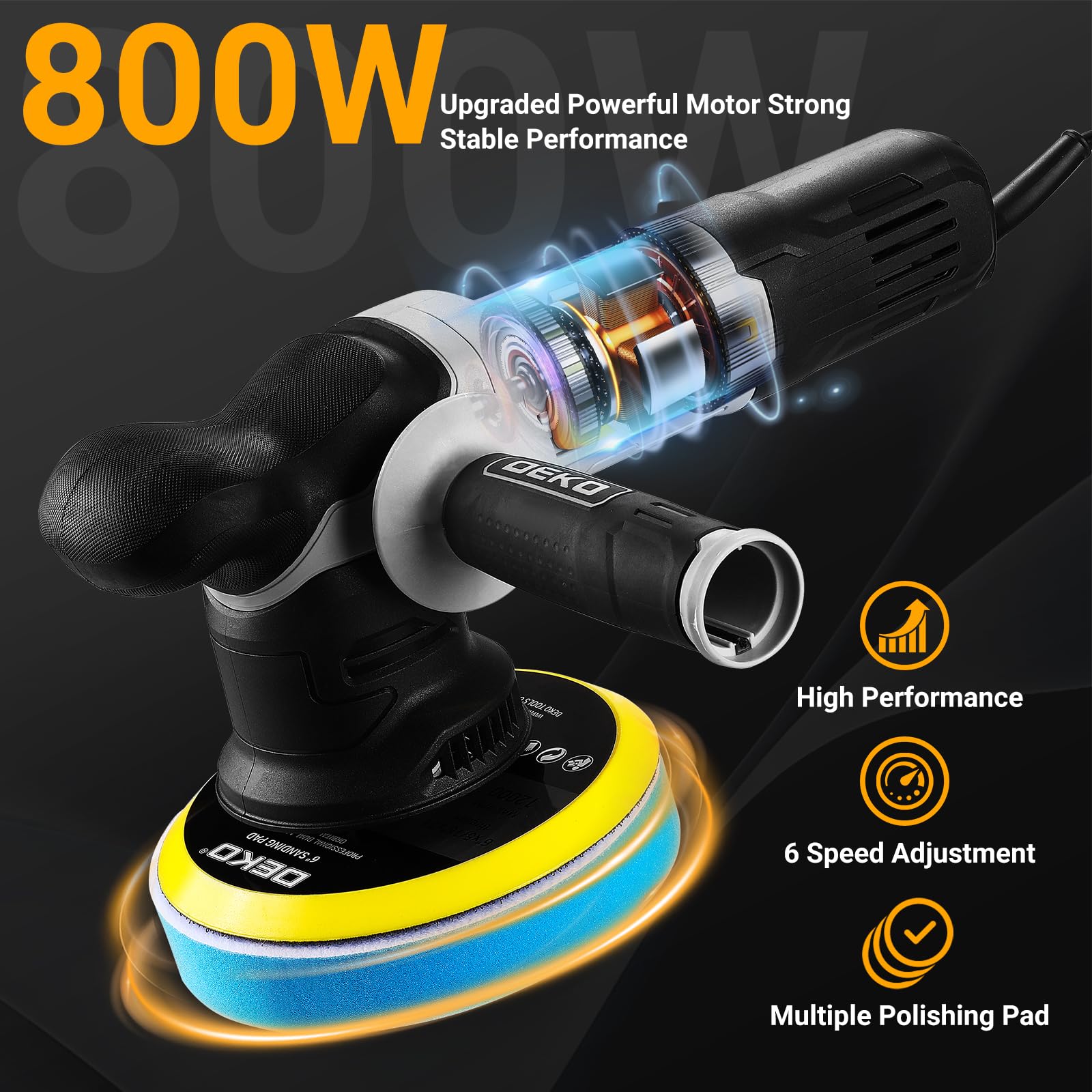 DEKOPRO POWER TOOLS polisseuse orbitale 800 W 150 mm double action 6 vitesses