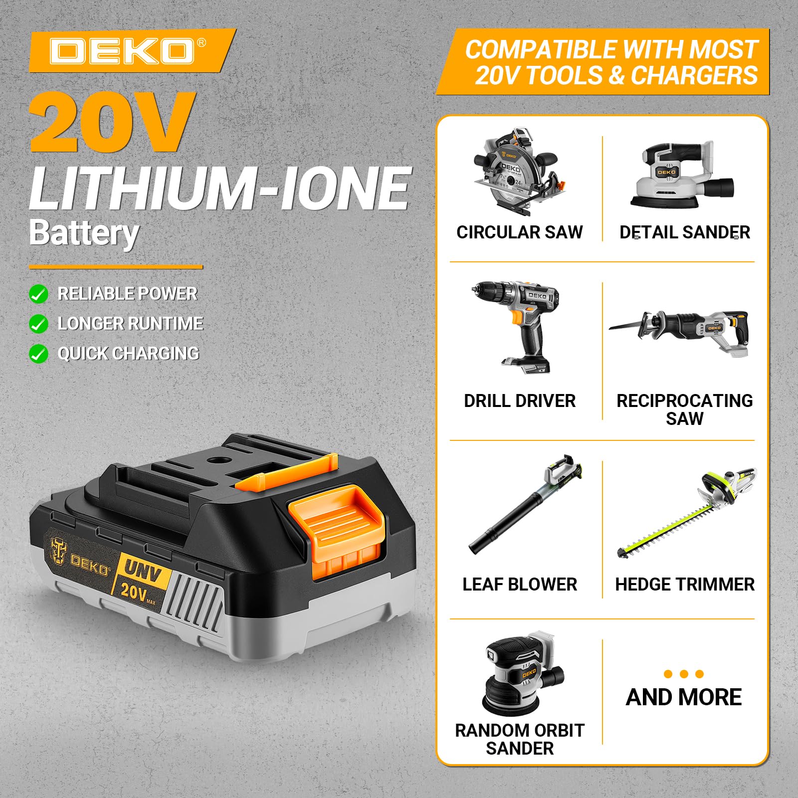 DEKOPRO POWER TOOLS batterie lithium-ion 20 V 2 000 mAh pour outils sans fil