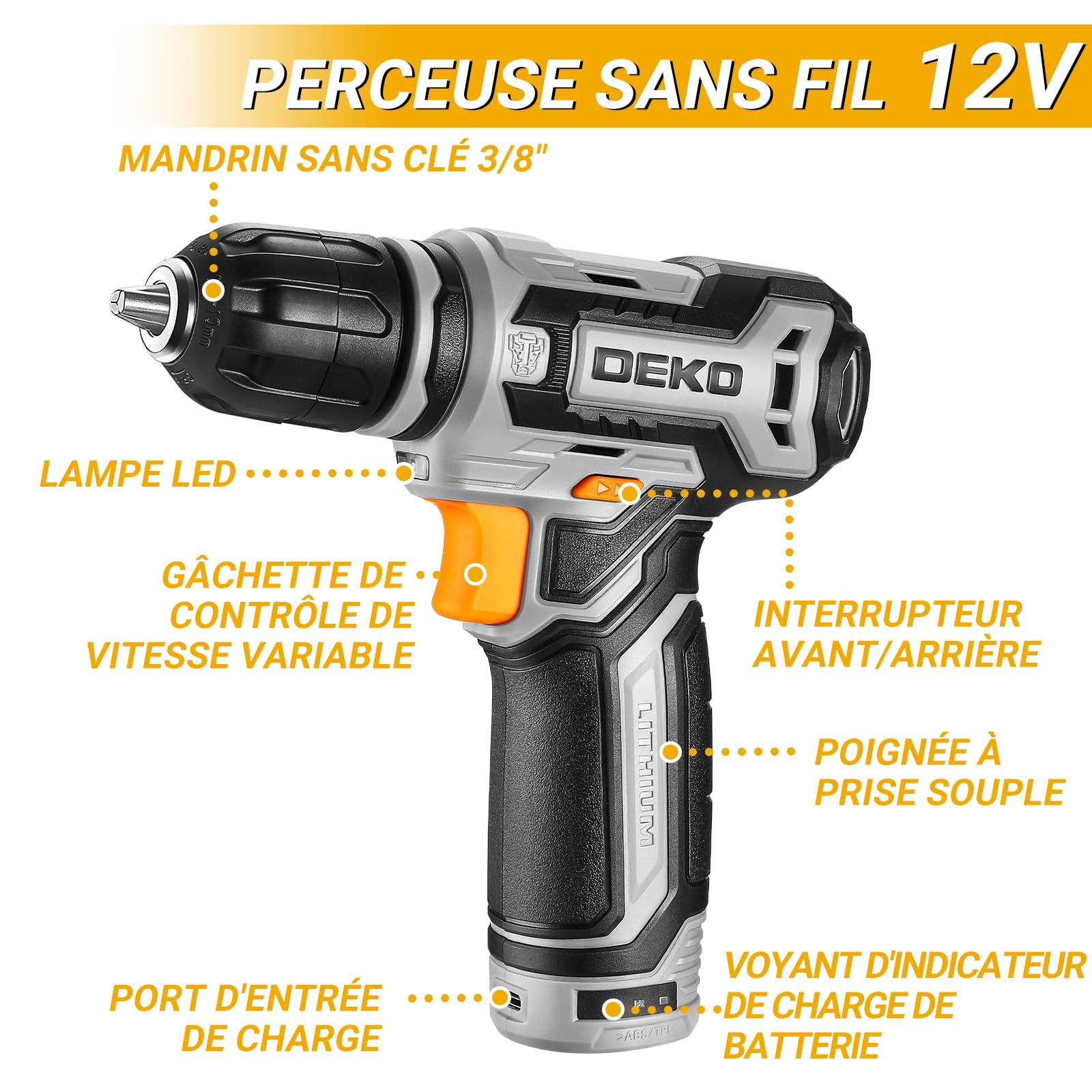 DEKOPRO TOOL KIT Coffret à outils 238 pièces avec perceuse 12 V gris