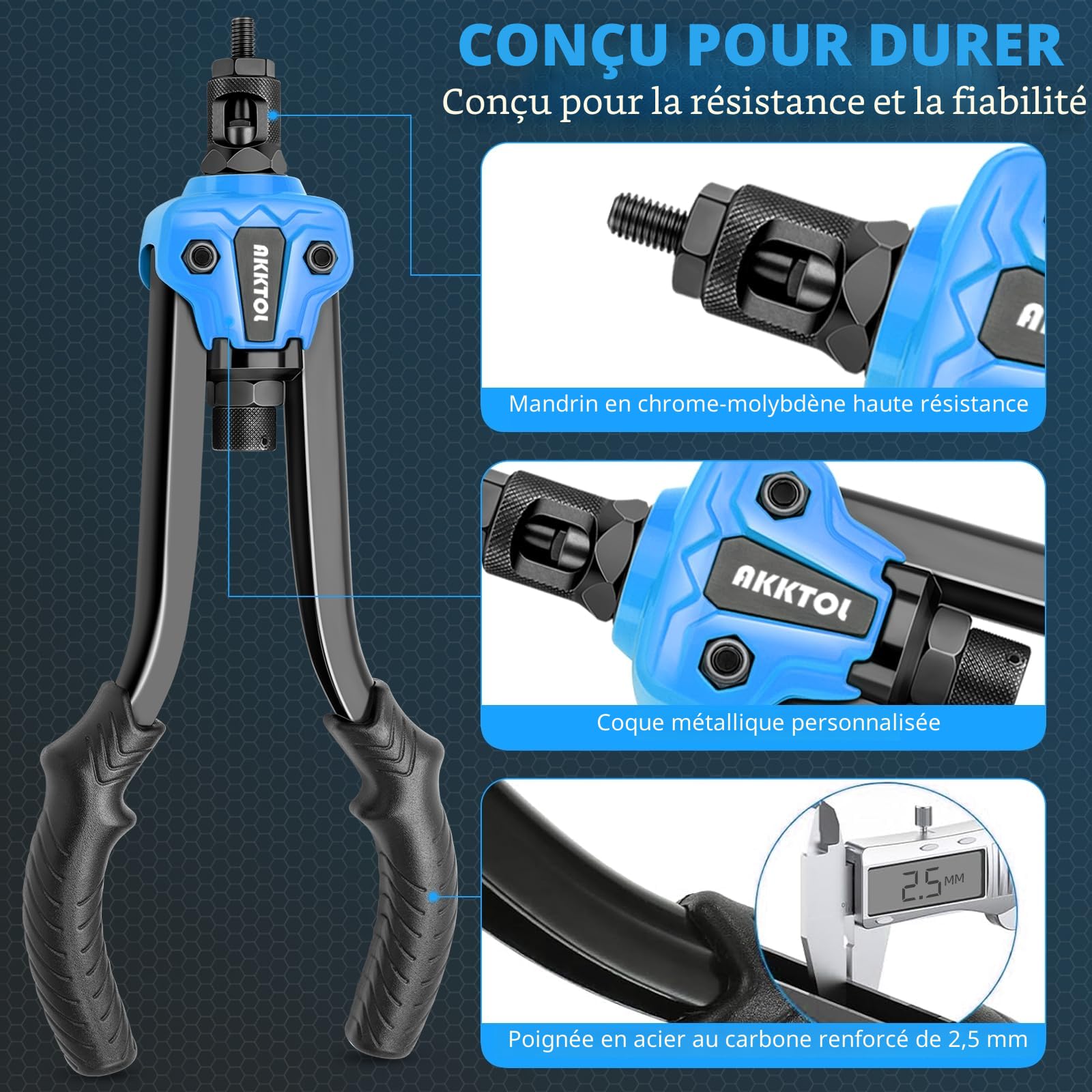 AKKTOL Rivet Nut Tools pince à insert fileté avec coffret, 7 mandrins M3-M12