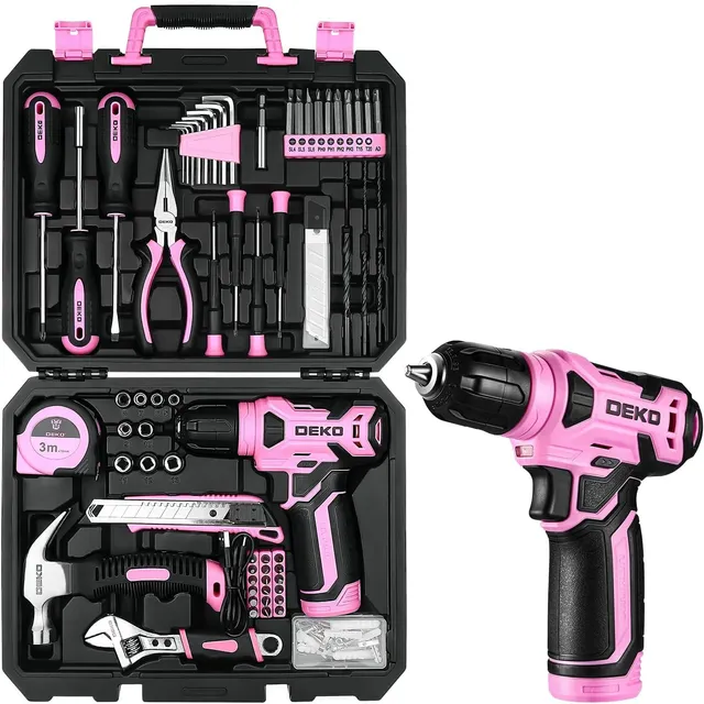 DEKOPRO TOOL KIT perceuse-visseuse sans fil 8 V, 126 pièces, rose