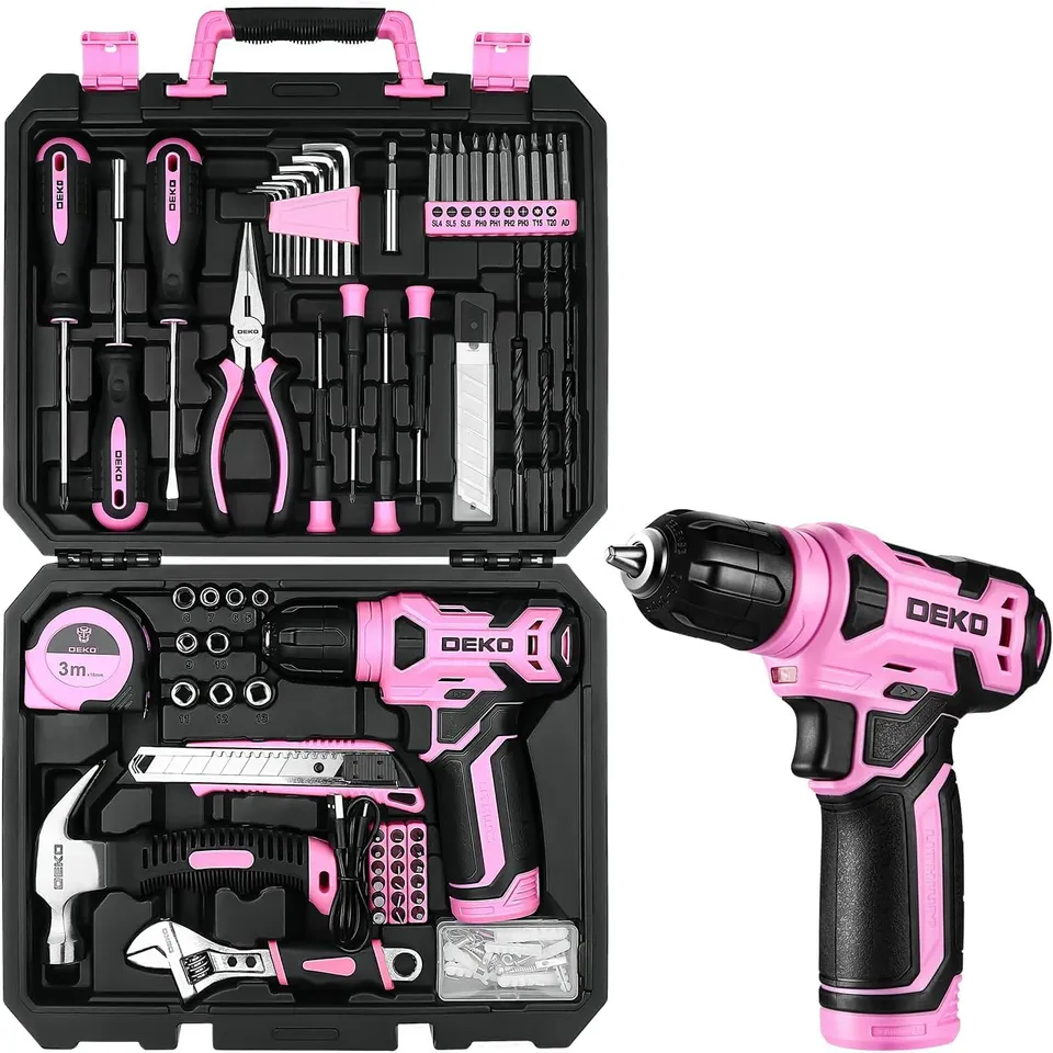 DEKOPRO TOOL KIT perceuse-visseuse sans fil 8 V, 126 pièces, rose