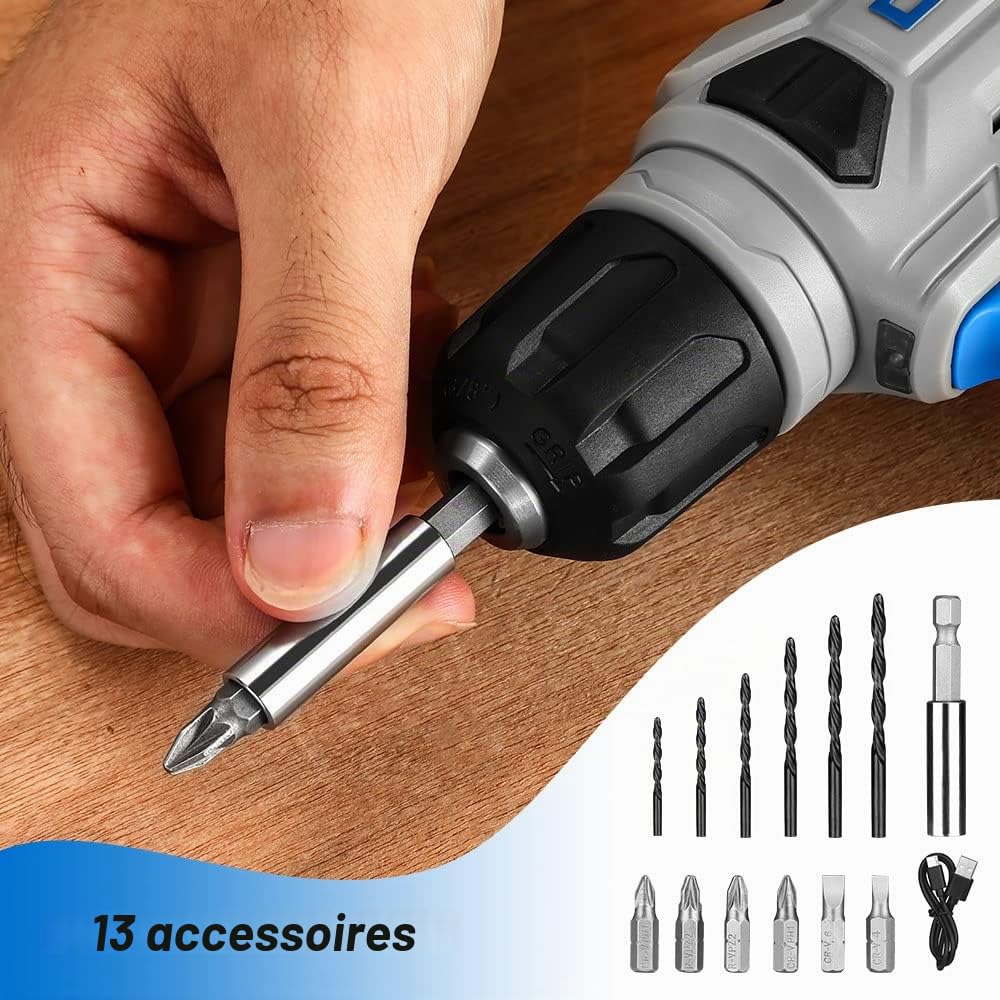 DEKOPRO POWER TOOLS Perceuse-visseuse sans fil 8 V bleue, 42 accessoires