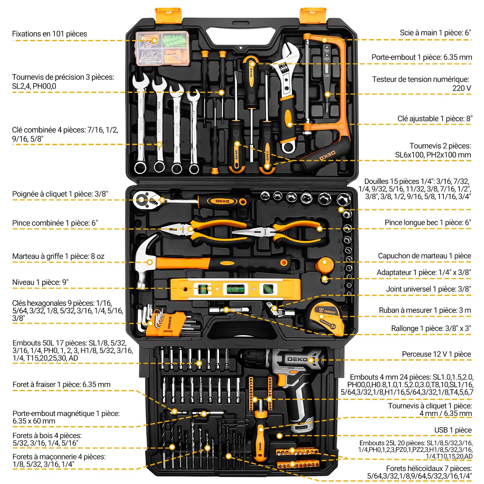 DEKOPRO TOOL KIT Coffret à outils 238 pièces avec perceuse 12 V gris