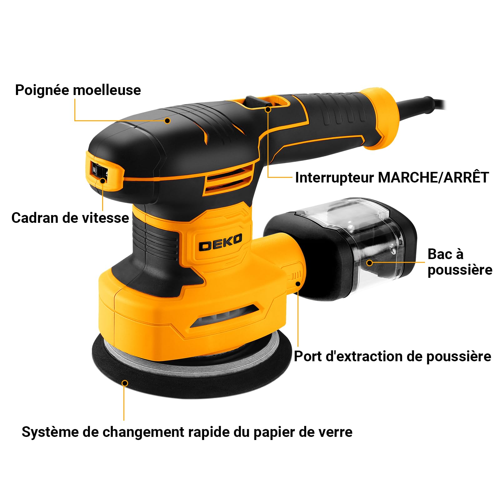 DEKOPRO POWER TOOLS Multifonction 300W ponceuse 3 en 1, 15 abrasifs, 6 vitesses